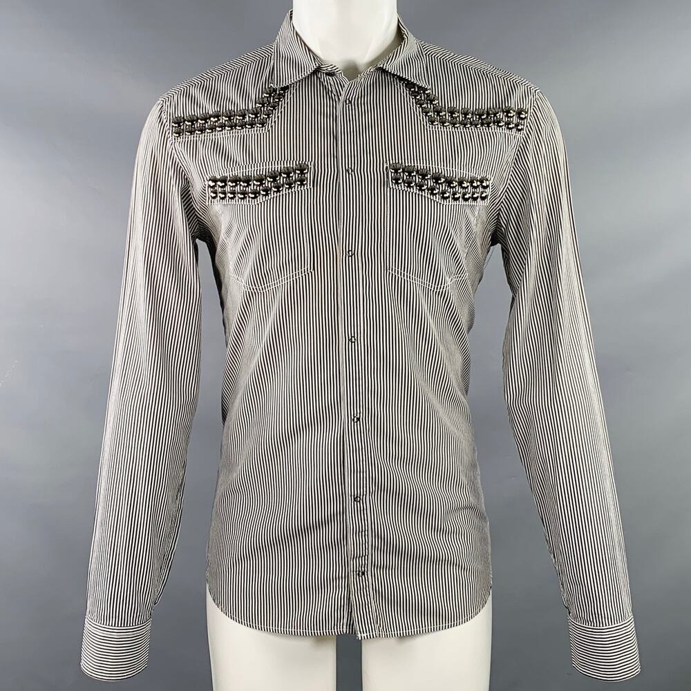 PIERRE BALMAIN Size M Silver Black White Stripe Studded Cotton Long Sleeve Shirt